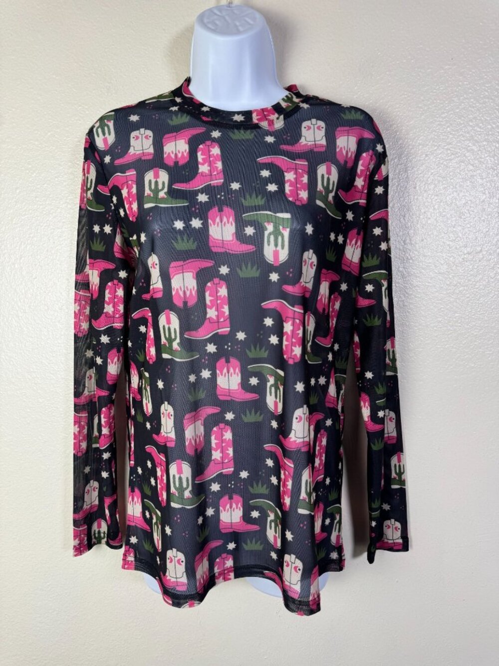 turquoise haven Cowgirl Boot Cactus Long Sleeve Top Western size Large Novelty